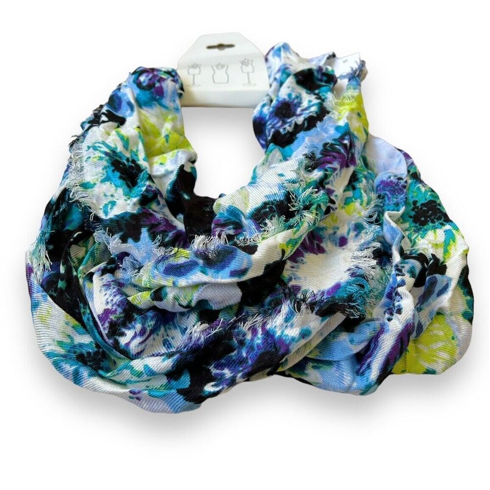 100% Rayon Scarf Blue Green Beige - Picture 2 of 3